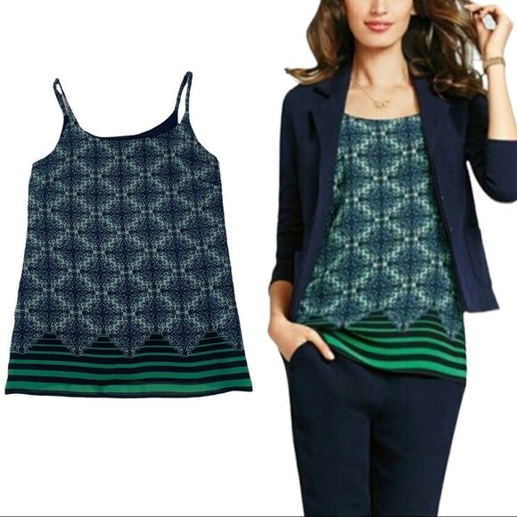 Cabi 107 Border Stripe Tank Top Blouse Blue & Green Sz S - Picture 1 of 11